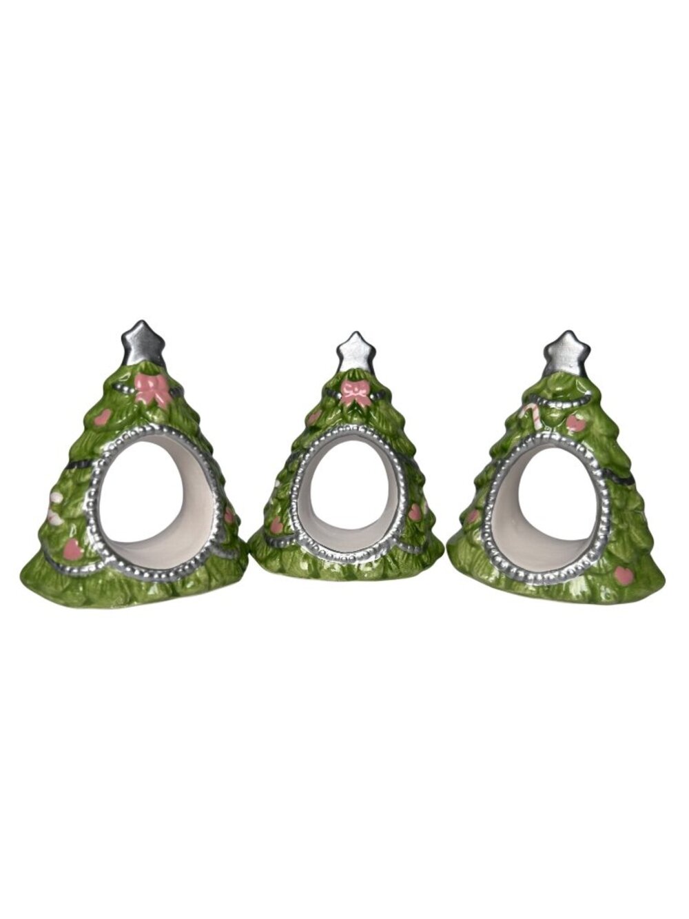 VTG Christmas Tree Napkin Ring Set Of 3 Green Ceramic Holiday Table Decor